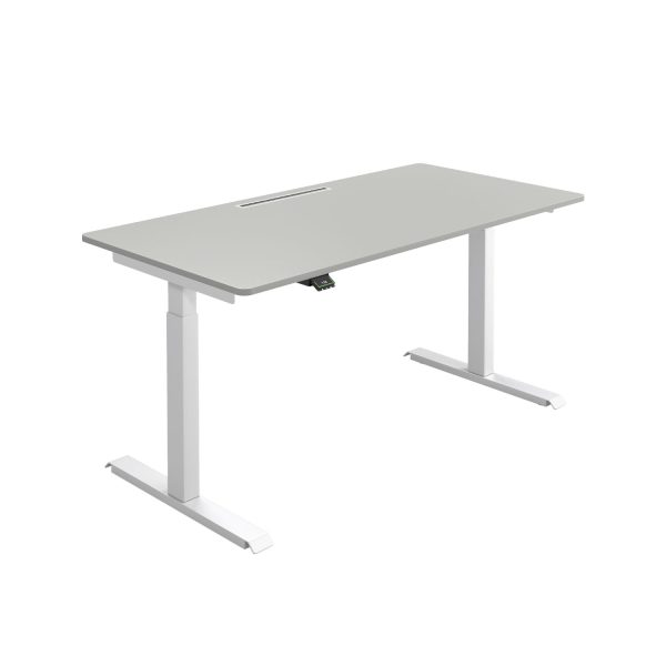 Graue Tischplatte weißes Tischgestell elektrisch höhenverstellbar
