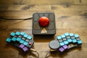 A split keyboard and a trackball.